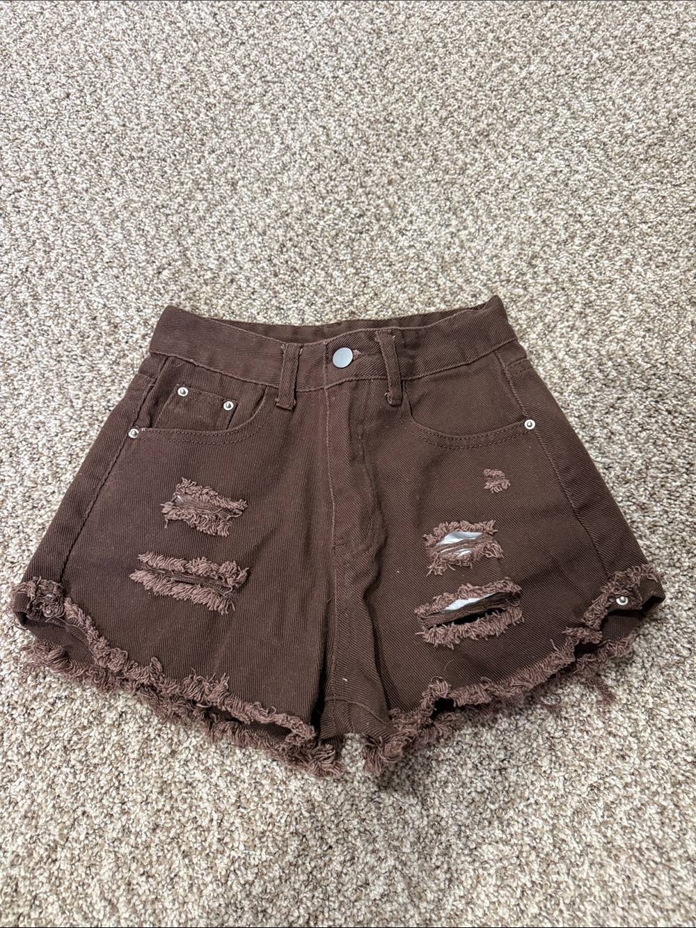 SHEIN Chocolate Brown High-Waist Distressed Denim Shorts